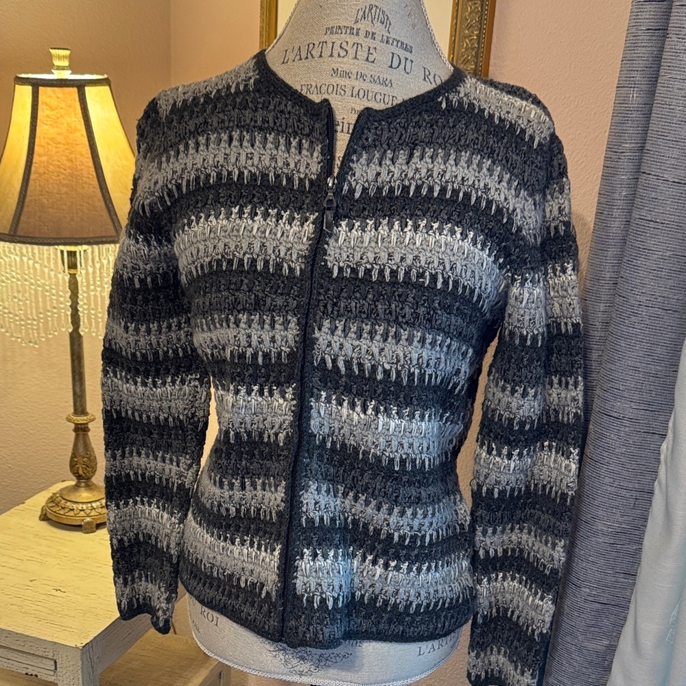 Liz Claiborne Black and Gray Striped Cardigan
